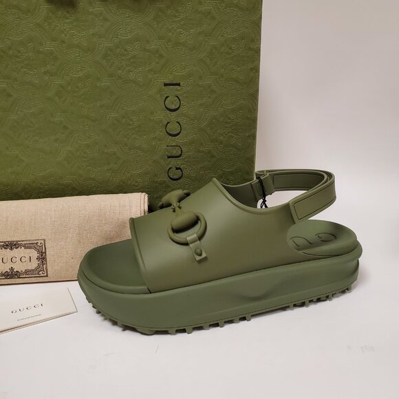 GUCCI SHOES MEN GREEN RUBBER HORSEBIT FLATFORM SANDALS sz 11 / 11.5 - Picture 14 of 16